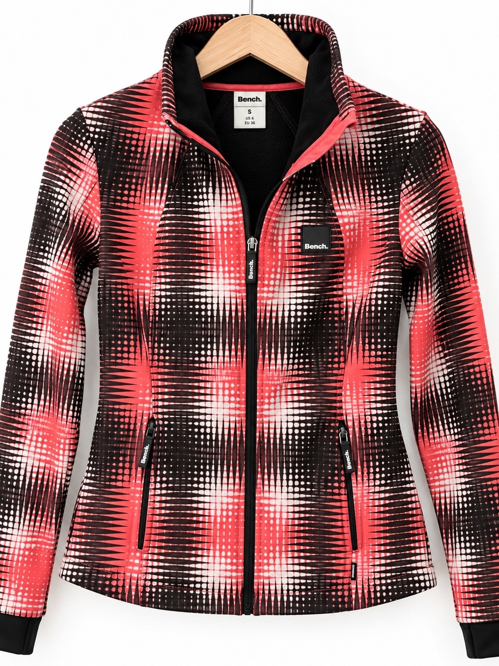 Bench Urbanwear Women’s S Plaid Softshell Jacket Coral Red Black White Y2K